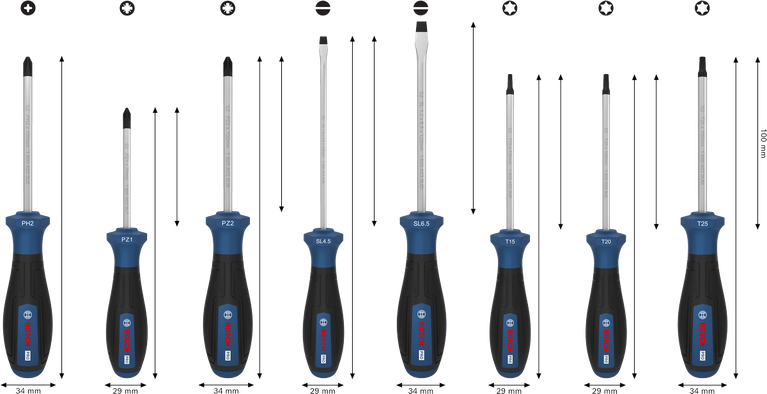 مجموعة مفكات براغي Bosch برو 8 قطع مع أعمدة S2 ومقابض مرمزة بالألوان.